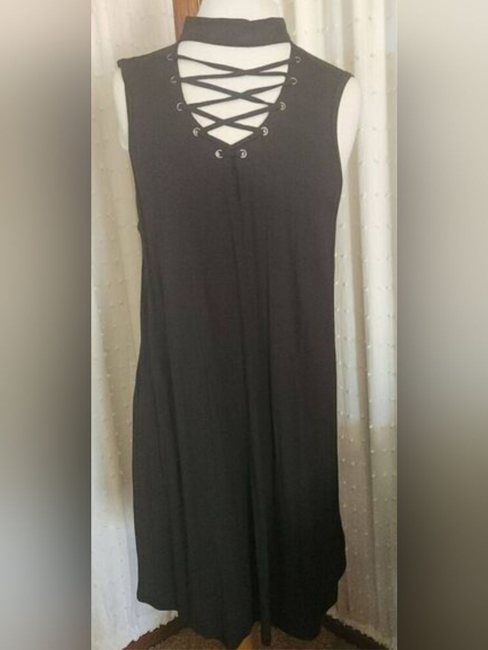Another Love Sleeveless Black Knit Midi Dress with stylish Lace-Up front detail